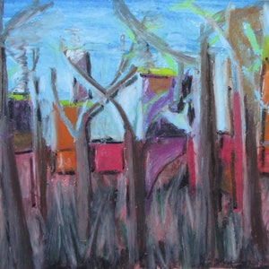 Oil Pastel Painting, Original Painting, Landscape Painting, Impressionist Painting, Abstract Painting, Fournier, &quot;City And Forest&quot;, 9x12