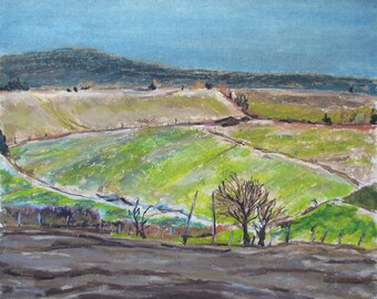 Oil Pastel Painting, Original Painting, Landscape Painting, Impressionist Painting, Plein Air Painting, "Brown And Green Field", 13x15.5