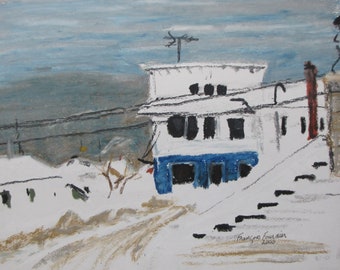 Original Painting, Oil Pastel Painting, Snow Painting, Impressionist Painting, Winter Painting,, Fournier, "The Old General Store", 10x13.5