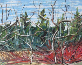 Landscape Painting, Oil Pastel Painting, Original Painting, Plein Air Painting, Impressionist Painting, Fournier, "Red Branches", 12.5X16