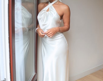 Simple halter satin wedding dress. Silk minimalist wedding dress. Midi wedding dress. Bridesmaid dress. Short wedding dress.