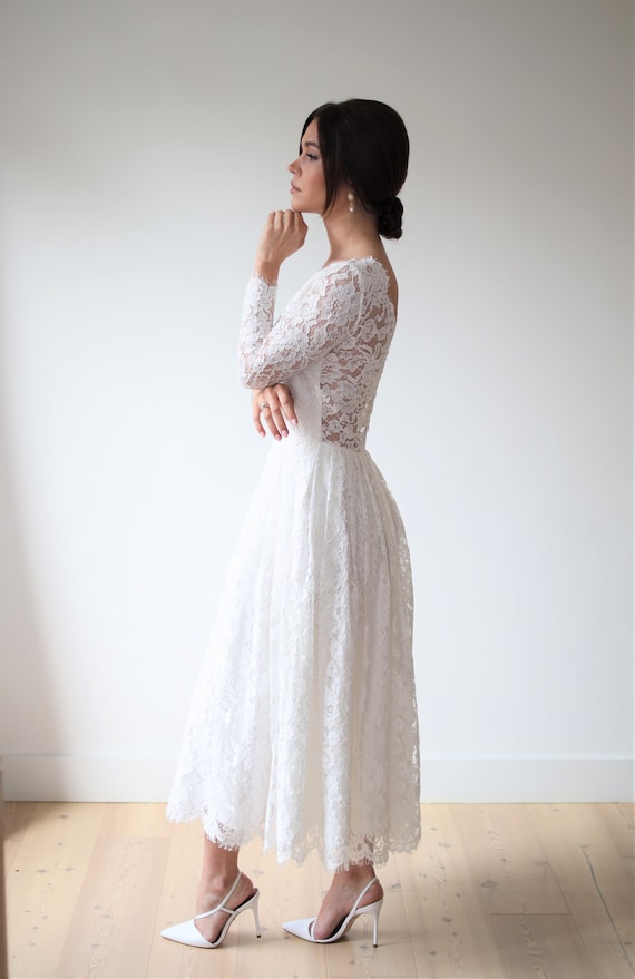 Lace midi wedding dress. Simple short wedding dress. Perfect for civil ceremony, engagement or rehearsal party.
