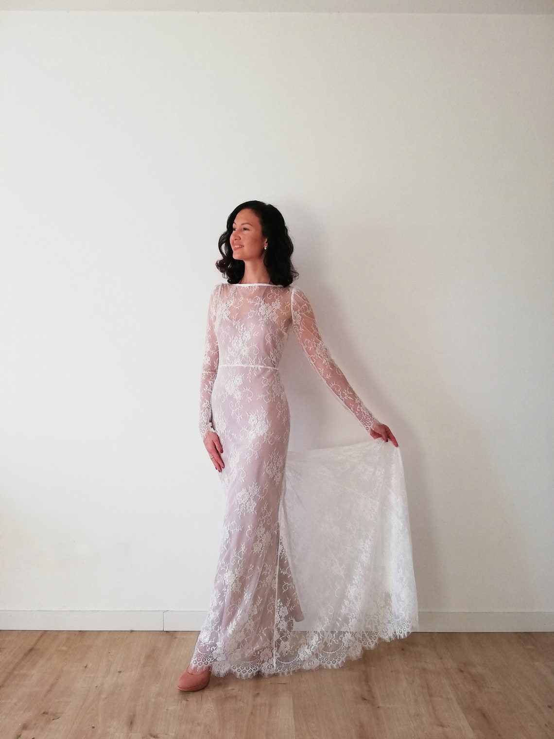 Spitzen Boho Hochzeitskleid langarm. Rückenloses | Etsy