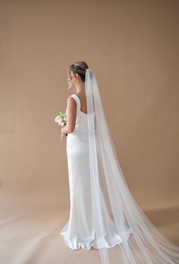 Cathedral Length Crystal Beaded Edge Wedding Veil Cathedral Veil with Beaded Edge | David main image 4