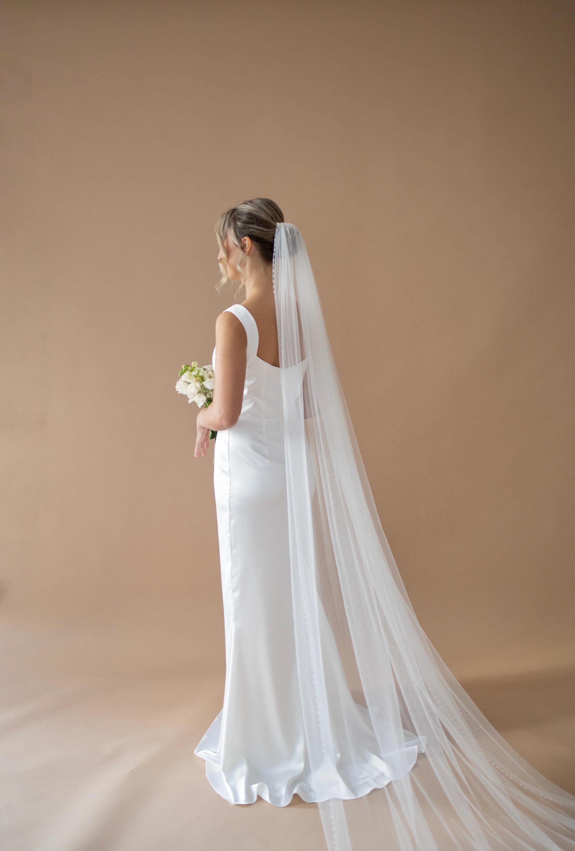 Beaded Edge Cathedral Wedding Veil, Natural White Tulle - Etsy display picture 2
