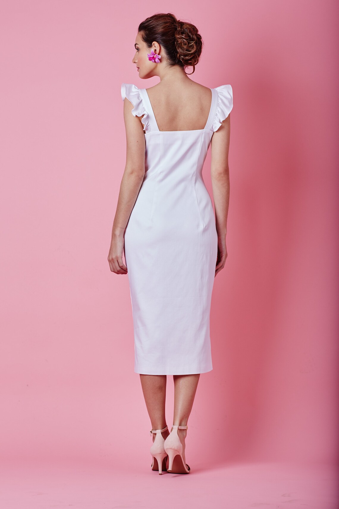 Simple wedding midi dress White prom dress with buttons | Etsy