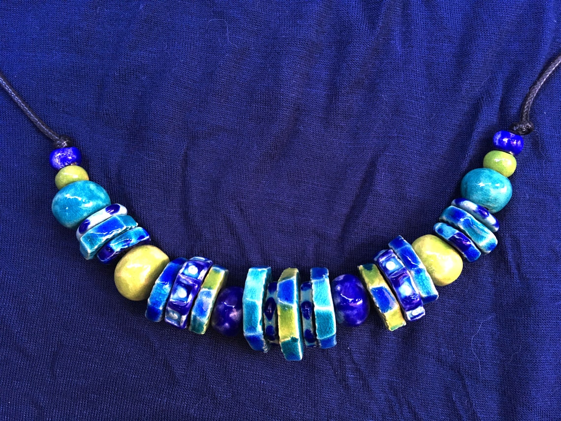 Turquoise&blue Ceramic Bead Necklace Boho Jewelry for Etsy