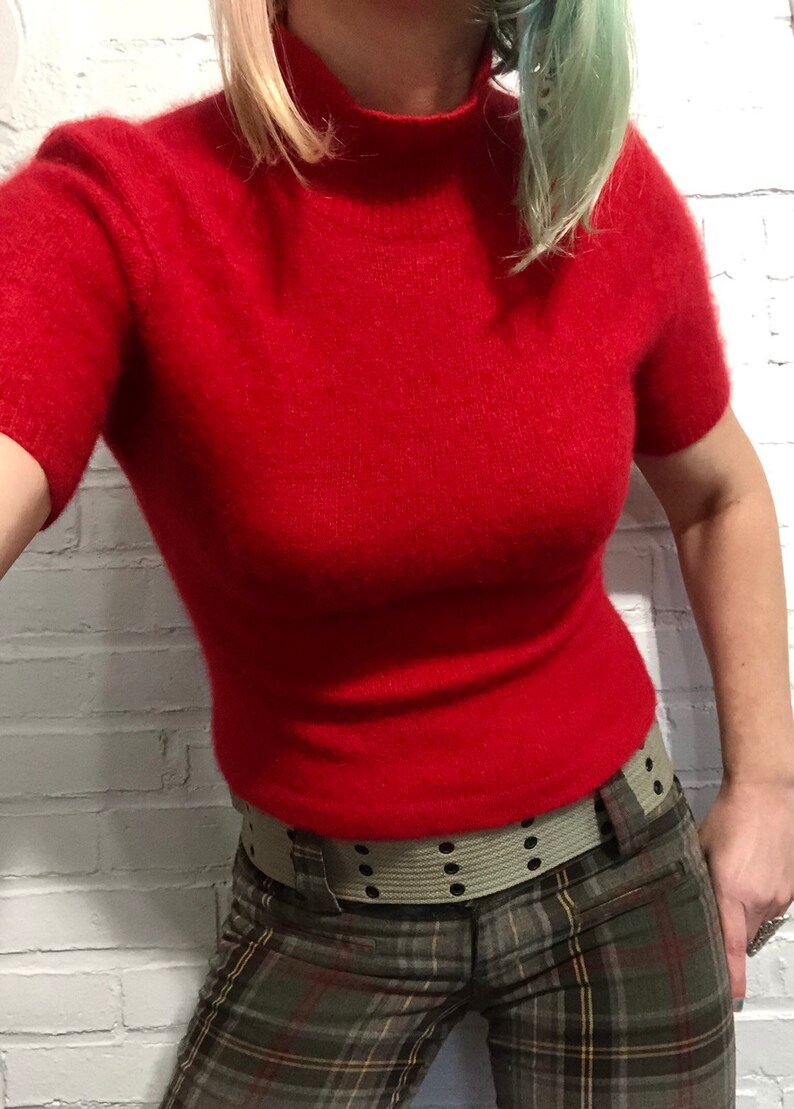 S 1980s Ferrari Red Vintage Angora Mock Neck Short Sleeve Sweater by Clifford /& Wills