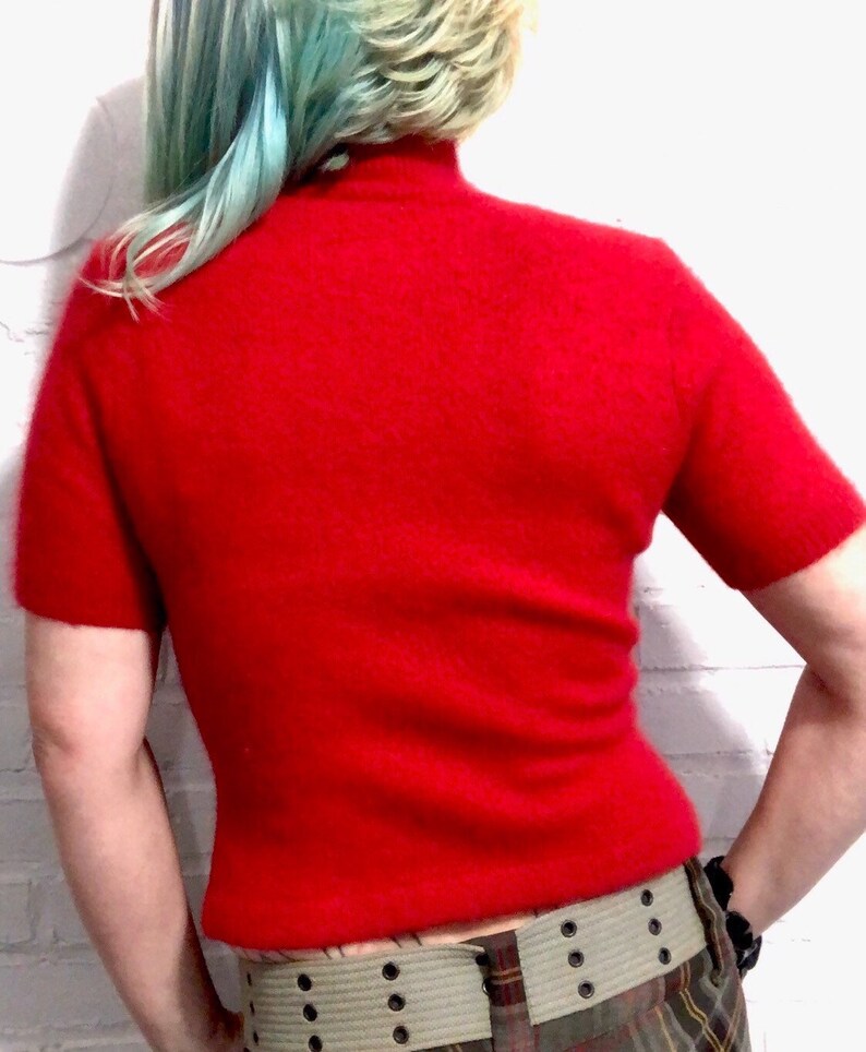 S 1980s Ferrari Red Vintage Angora Mock Neck Short Sleeve Sweater by Clifford /& Wills
