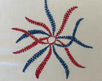 Vintage 50 Square Hand Embroidered Cotton  Tablecloth - Red White and Blue!