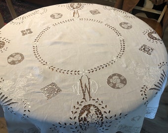 Vintage Embroidered Linen Round Tablecloth - 66 Round - Embroidery, Lace, Cutouts- Imperfect Condition - Project Tablecloth