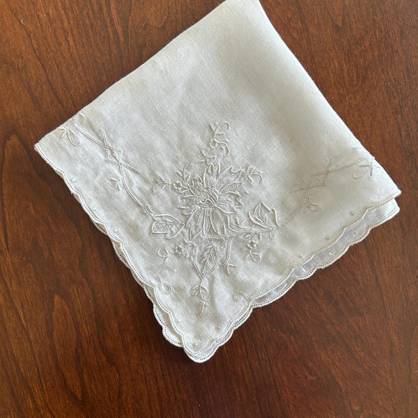 Vintage Off White Linen Madeira Embroidery Wedding Handkerchief - Absolutely Gorgeous