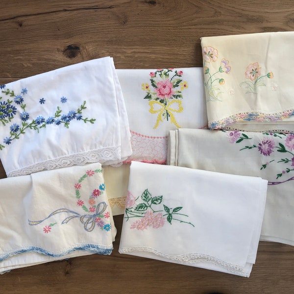 Vintage Pillow Cases - Multiple designs to choose from - Printed Cotton, Embroidered, Crocheted - 1 Available for Each Style - Free Shipping