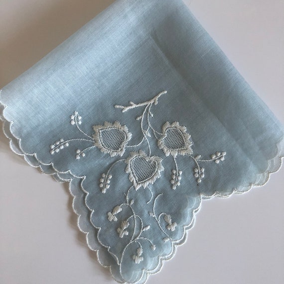 Vintage Blue Linen Floral Embroidered Wedding Hand