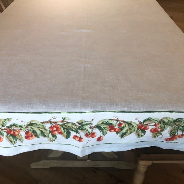 Vintage Tessitura Toscana Telerie White Linen Square Tablecloth - 64 Square  - Pure White with Cherries Border -  Made in Italy - Lovely