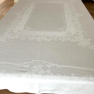 Vintage 70x82 Rectangular Linen White Damask Tablecloth - Great for all Seasons