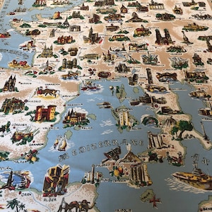 Nappe vintage rectangulaire de carte de l'Europe - Afrique du Nord à Scandinavie - 50 X 62 - Pays et monuments