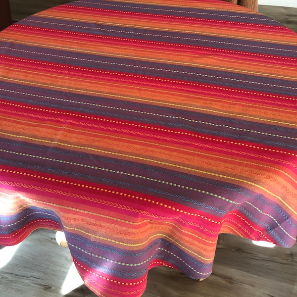 Vintage 60" Round  Striped Tablecloth -   Cotton - Bright Colors - Like New Condition