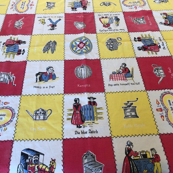 Vintage Pennsylvania  dutch tablecloth- Imperfect Condition - 46x50 - Great for Outdoors or a Picnic