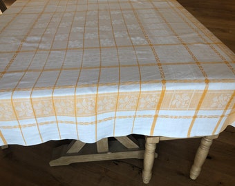 Vintage White and Yellow Linen Cotton Square Tablecloth - 50 square - Imperfect Condition - 1950s Linen