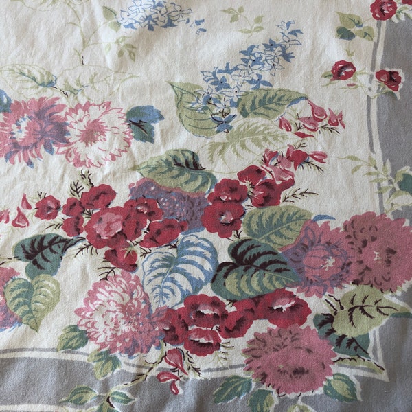 Vintage 1950 Printed Cotton Floral Square Tablecloth - 46x56 - Floral Print - Imperfect Condition