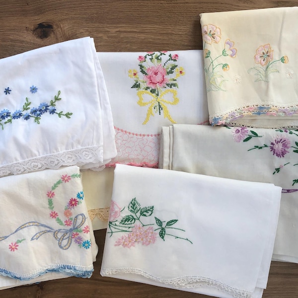 Vintage Pillow Cases - Multiple designs to choose from - Printed Cotton, Embroidered, Crocheted  - Free Shipping