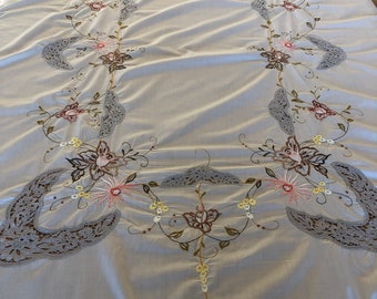 Vintage Embroidered and Lace Off White  Rectangular Tablecloth - 65x100 - Lovely Embroidery - Imperfect Condition