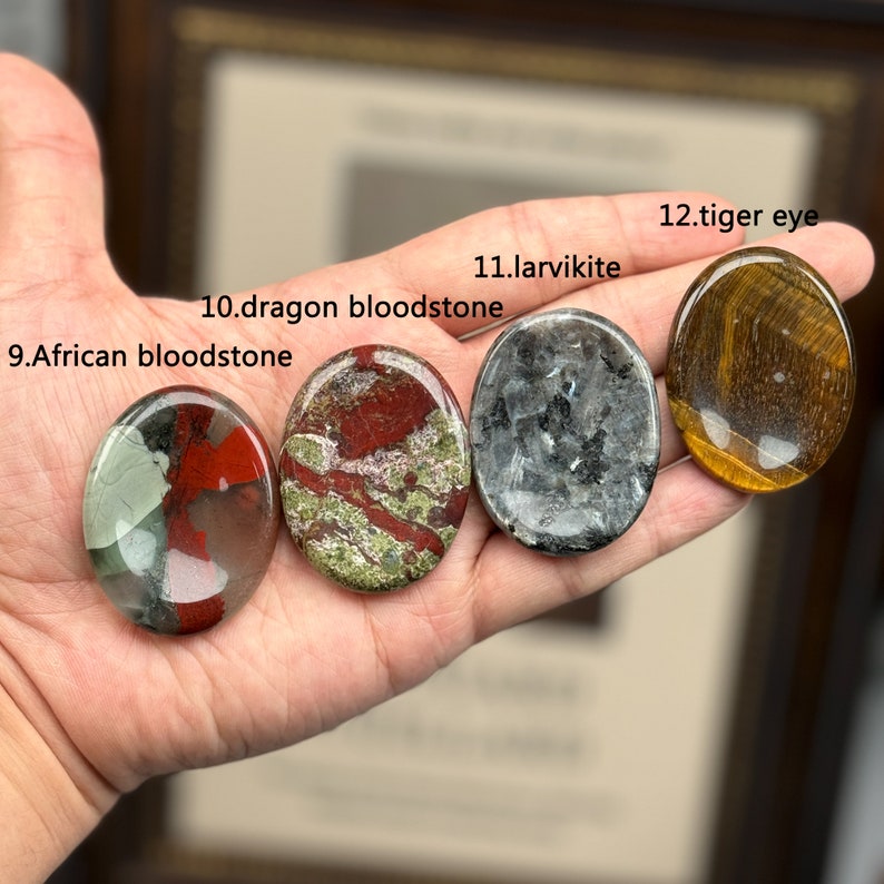 Peut inclure: Gros plan d'une main tenant quatre types de pierres polies&nbsp;: h&eacute;matite africaine, h&eacute;matite de dragon, larvikite et &oelig;il de tigre. Les pierres sont toutes de forme ovale et ont une finition lisse et polie.