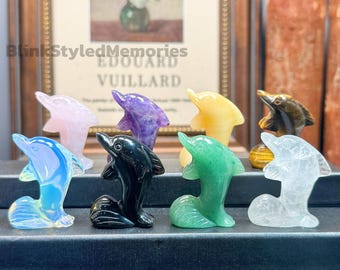 Figura de delfín de cristal tallada a mano: decoración con piedras preciosas curativas