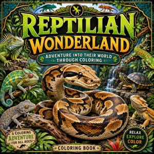 Może przedstawiać: Kolorowanka zatytułowana Reptilian Wonderland: Adventure Into Their World Through Coloring. Okładka przedstawia dużego węża w centrum, otoczonego przez legwana, kameleona, gekona, żółwia i agamę brodatą w dżungli.