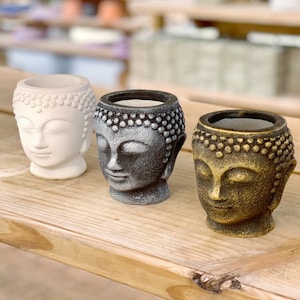 May include: Three small Buddha head planters, one white, one gray, and one gold. The planters are made of concrete and have a textured surface.