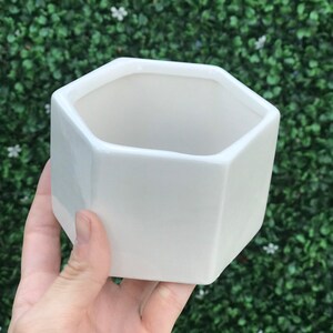 May include: White ceramic hexagonal planter pot. The pot is smooth and has a simple design.