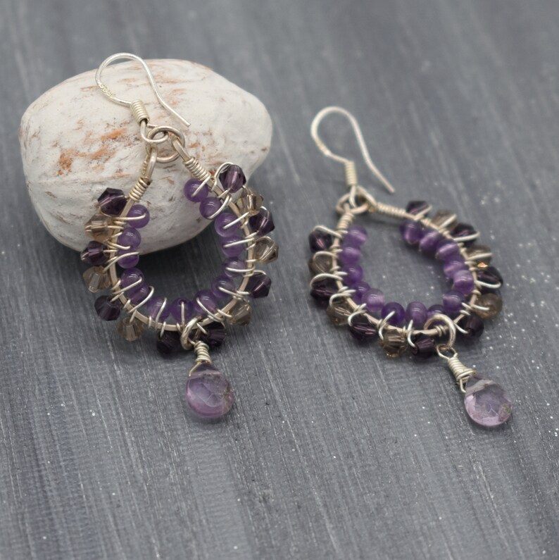 Wire Wrapped Purple Earrings Bead Amethyst Earrings February Birthstone. Sterling silver Amethyst Dangle Earrings Boho Silver Earrings