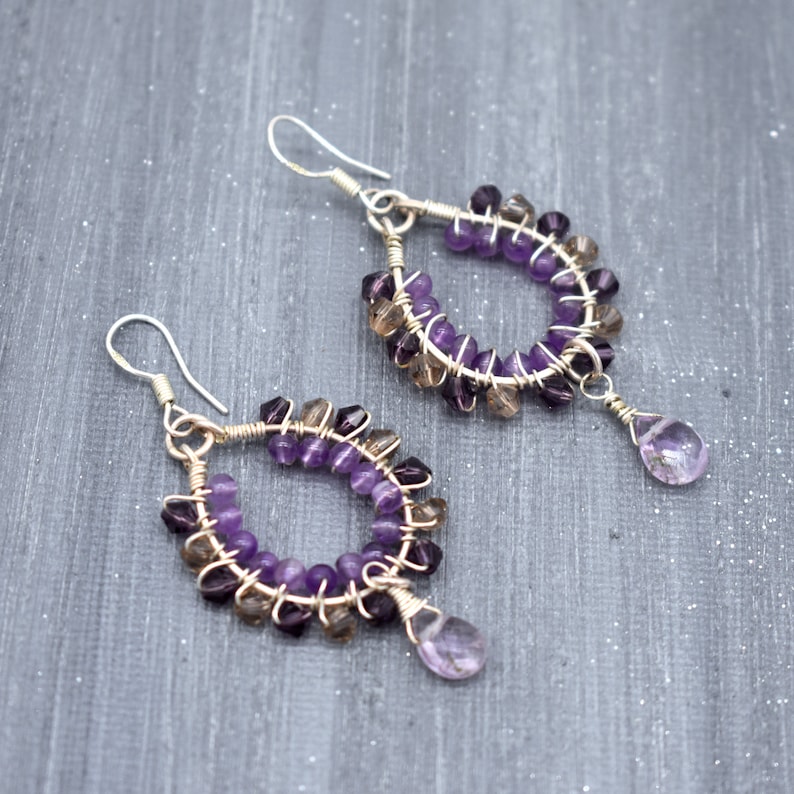 Wire Wrapped Purple Earrings Bead Amethyst Earrings February Birthstone. Sterling silver Amethyst Dangle Earrings Boho Silver Earrings