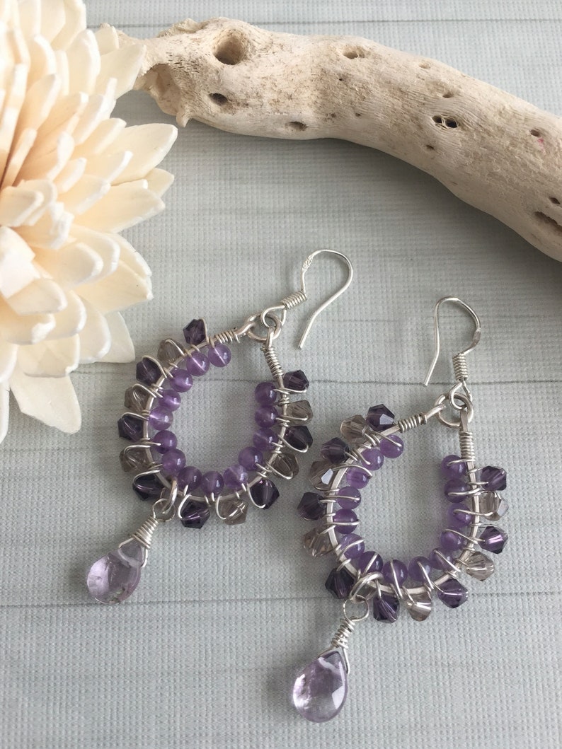 Wire Wrapped Purple Earrings Bead Amethyst Earrings February Birthstone. Sterling silver Amethyst Dangle Earrings Boho Silver Earrings