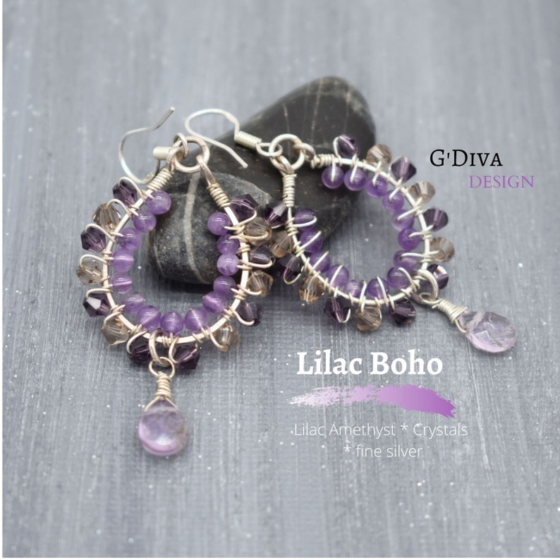 Wire Wrapped Purple Earrings Bead Amethyst Earrings February Birthstone. Sterling silver Amethyst Dangle Earrings Boho Silver Earrings