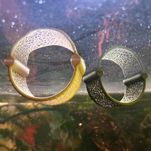 May include: Two decorative, open-weave, ring-shaped objects. One is yellow with white accents, the other is black with green accents. The objects are suspended in water, with a blurred background of aquatic plants and a dark, speckled surface.