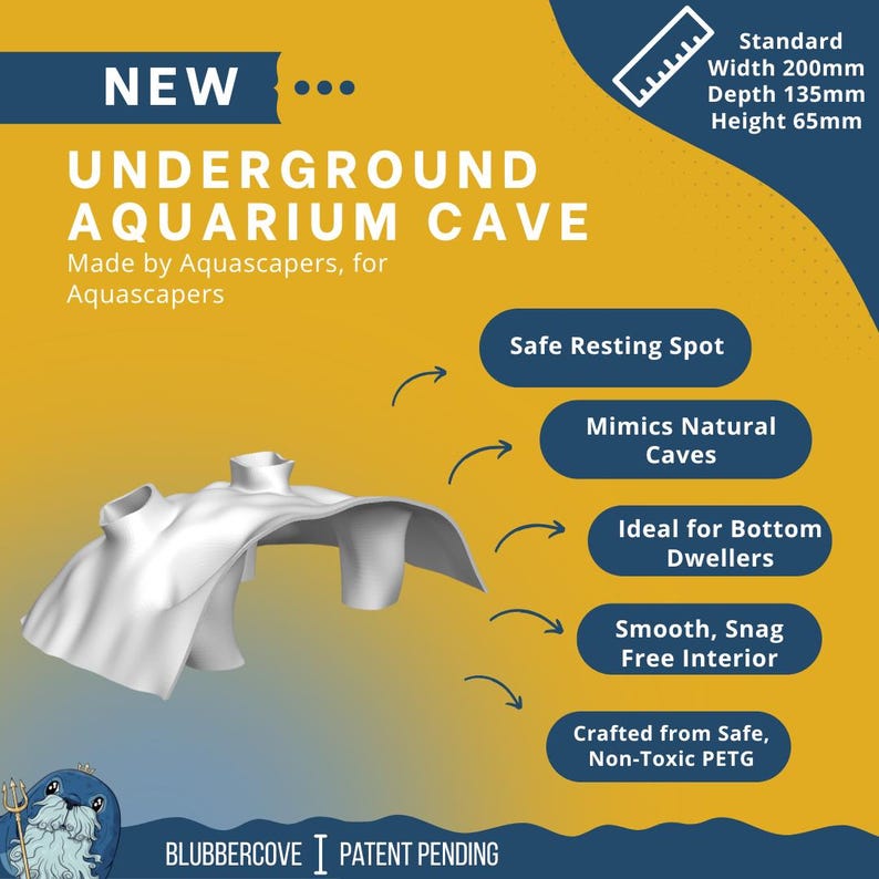 May include: A white, cave-shaped aquarium decoration. The text reads "UNDERGROUND AQUARIUM CAVE" and "Made by Aquascapers, for Aquascapers." The dimensions are 200mm wide, 135mm deep, and 65mm high.