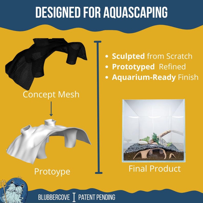 May include: An image showcasing the aquascaping design process. It features a black concept mesh, a white prototype, and a final aquarium product with plants and decor. Text includes "Designed for Aquascaping," "Sculpted from Scratch," and "Aquarium-Ready Finish."