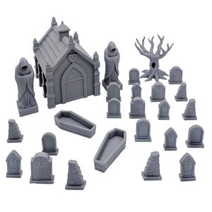 Graveyard Scatter Terrain | 28mm RPG Cemetery Scenery | DND, Pathfinder, Wargames | Mausoleum, Tombstones & Coffins | Ready to play