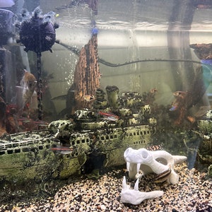 May include: A green and brown shipwreck aquarium decoration with a white skull decoration in the foreground. The shipwreck is surrounded by small fish and gravel.
