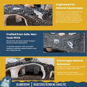 May include: Aquarium decor made of safe, non-toxic PETG. The design encourages natural behavior for fish. The curved, organic profile mimics natural stone shelters. The text says "BLUBBERCOVE I REGISTERED DESIGN NO. 64652192."