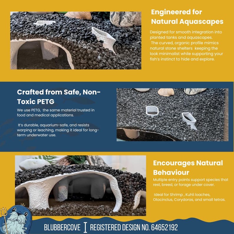 May include: Aquarium decor made of safe, non-toxic PETG. The design encourages natural behavior for fish. The curved, organic profile mimics natural stone shelters. The text says "BLUBBERCOVE I REGISTERED DESIGN NO. 64652192."