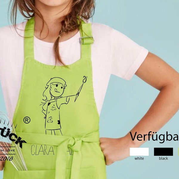 Painting smock/apron for boys and girls personalized with motif and name. In five fresh colors.