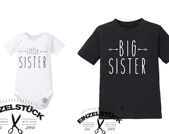 Große und kleine Schwester Body /T-Shirt für Geschwister Mädchen .Big Sister/Little Sister in Kurz- oder Langarm. Mit Namen(kostenlos)
