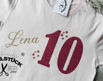 Trendy birthday shirt for girls personalized with glitter number and name in gold