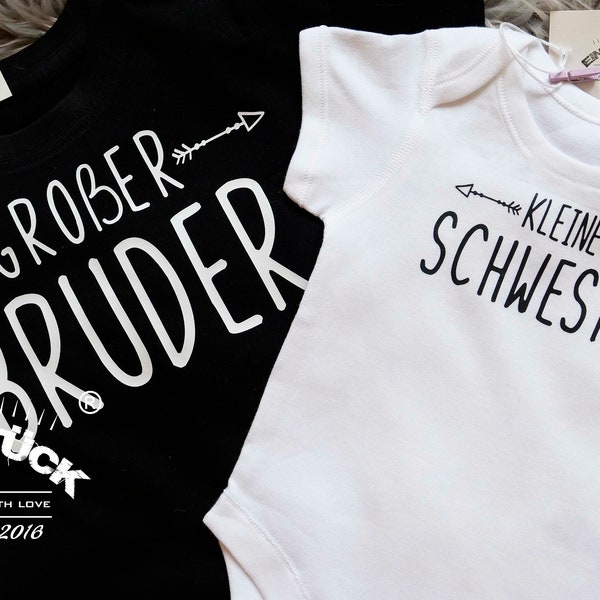 Großer Bruder und kleine Schwester Body und T-Shirt für Geschwister Partnerlook. Kurzarm o.Langarm. Auf Wunsch mit Namen (Kostenlos)