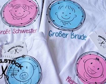 Cute sibling set baby bodysuit and kids T-shirt with print in light blue or pink and black. Short and long-sleeved version