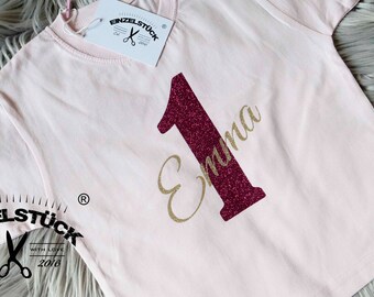 Glitter birthday shirt for girls with glitter number and names personalized in gold