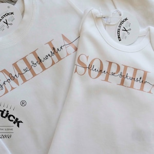 Big+little sister bodysuit or girls' t-shirt for siblings. Perfect birth gift. Cute outfit for the photo shoot. With name.
